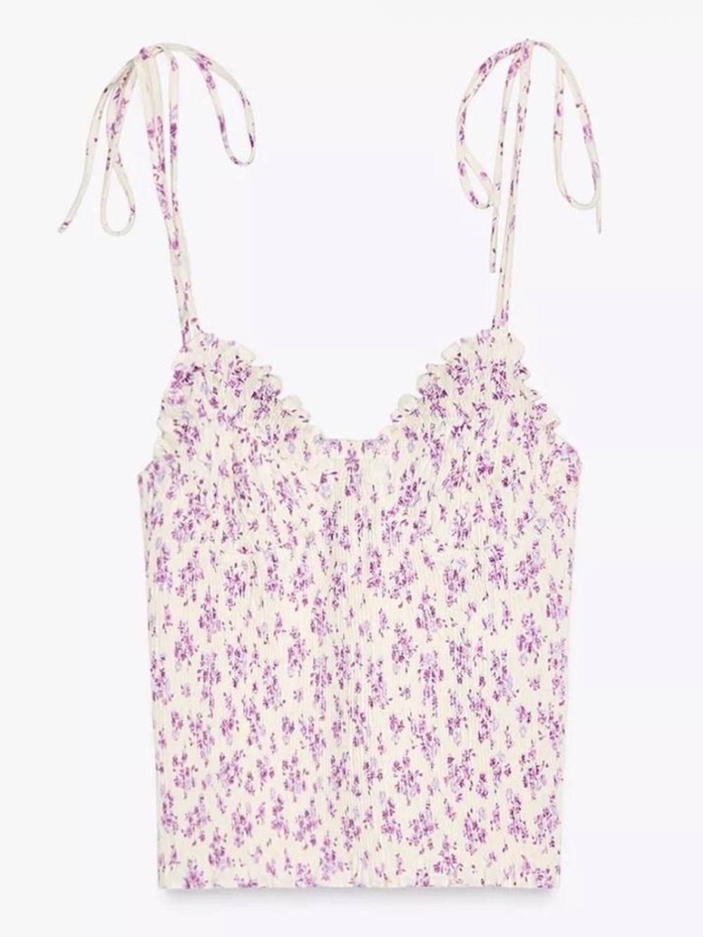 Zara Floral Tie-Shoulder Cami Tank Top - Cream with Lavender Print